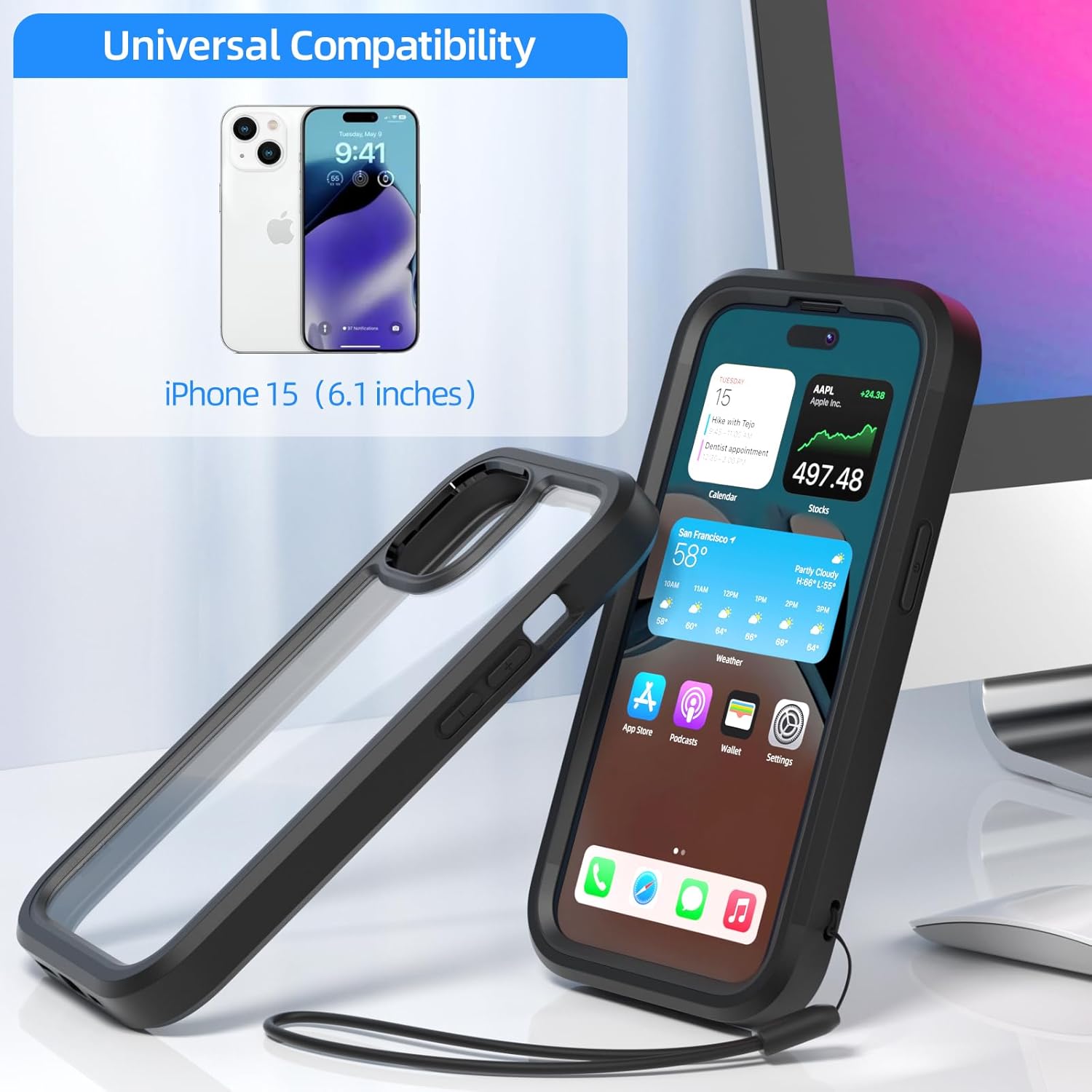 WXR Compatible con iPhone 15, parachoques de silicona suave y parte trasera de policarbonato duro transparente e interior de policarbonato duro,