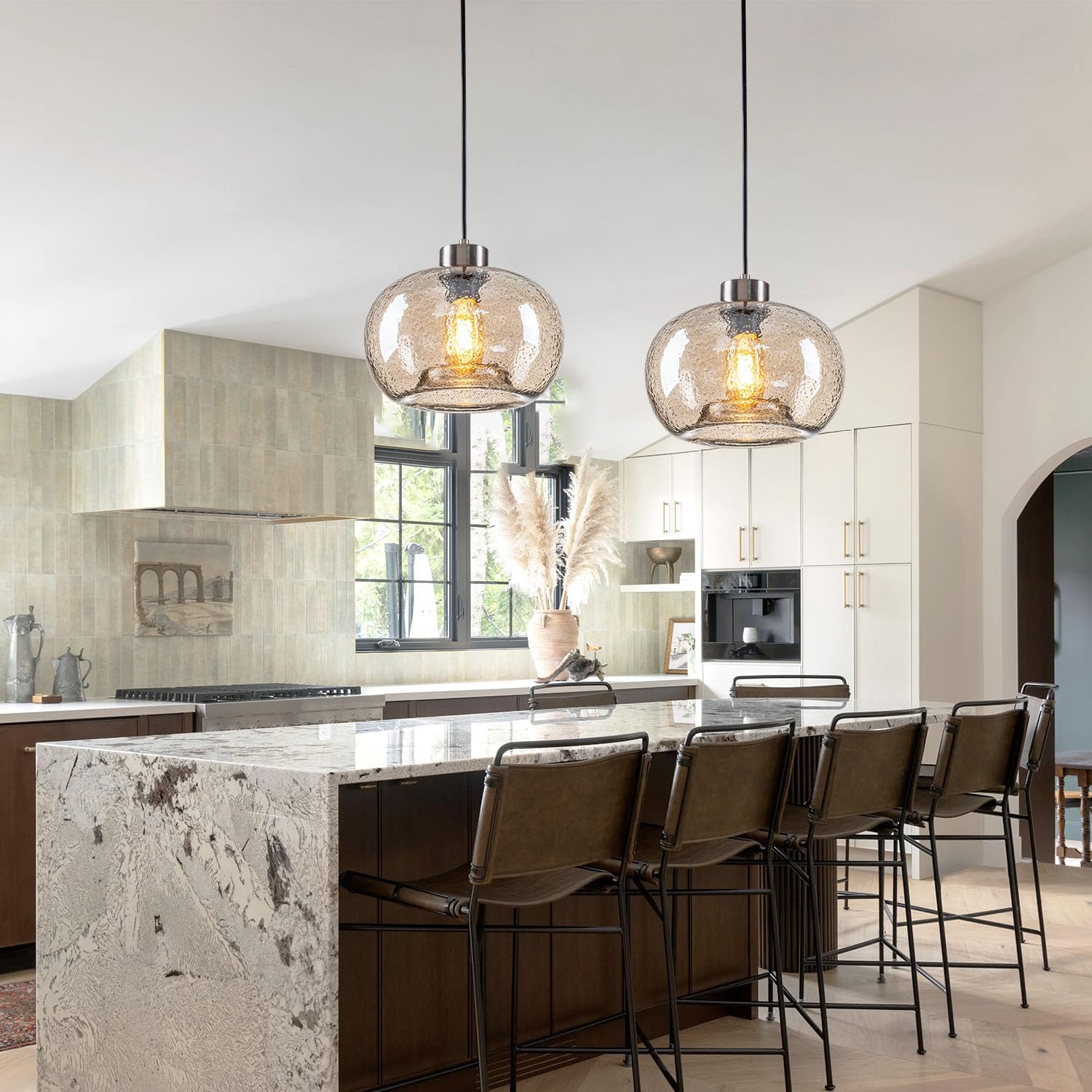 HASUN Paquete de 2 luces colgantes de cristal, 9.2 pulgadas de cocina, luces colgantes sobre la isla, calabaza moderna de mármol ámbar colgante de