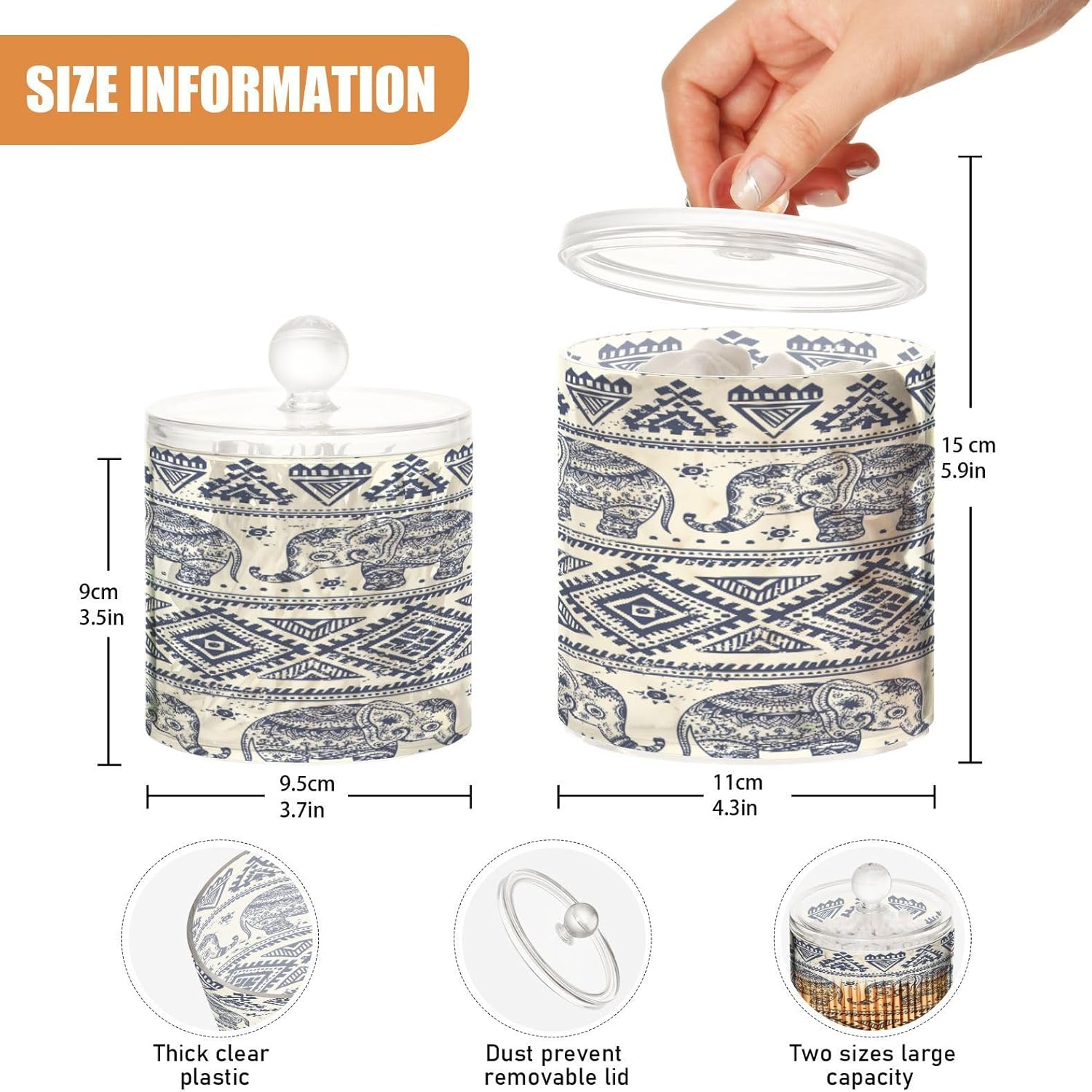 Indian Ethnic Elephant Qtip – Dispensador para bolas de algodón, hisopos de algodón, juego de 2 tarros de boticario de plástico para organización de