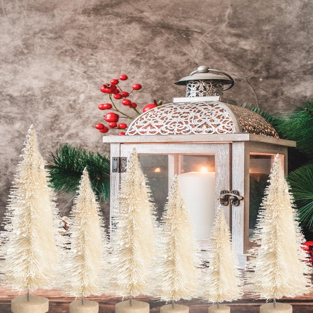 8 piezas de mini árbol de Navidad blanco, pequeños árboles de Navidad artificiales con base de madera, árboles de cepillo para botellas, árbol de