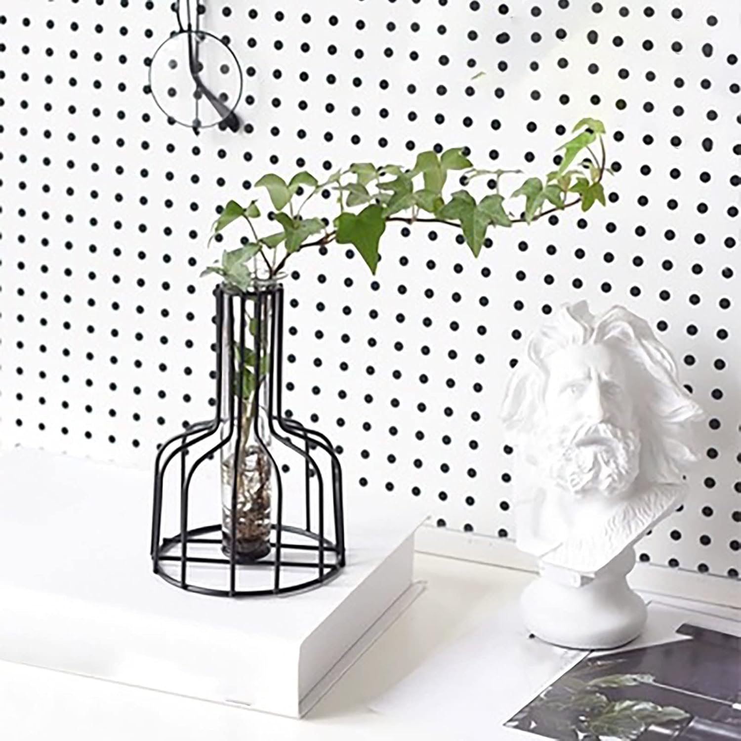 FRAKYEN Florero de vidrio geométrico con soporte de metal, flores secas de hierro, vidrio transparente, tubo de ensayo hidropónico creativo, pequeño