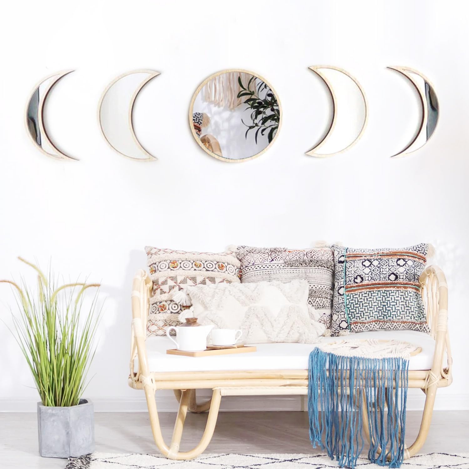Kondec Juego de 5 espejos de fase lunar espejo escandinavo natural para decoración de pared, espejo estético de decoración bohemia para sala de