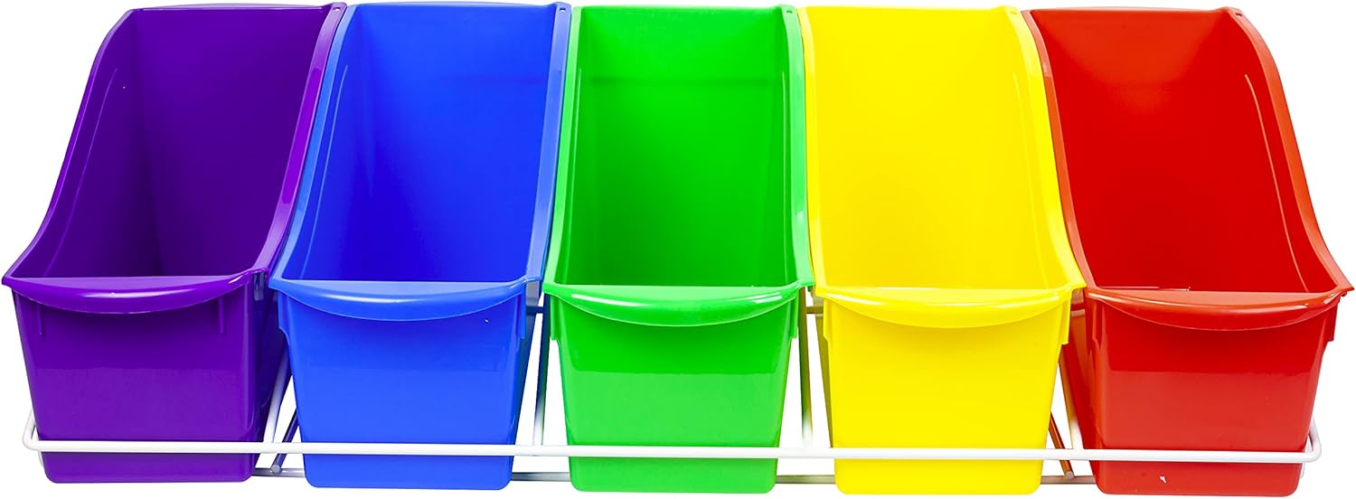 Storex Juego de 5 contenedores grandes para libros, estante de metal incluido, varios colores (71125U01C)