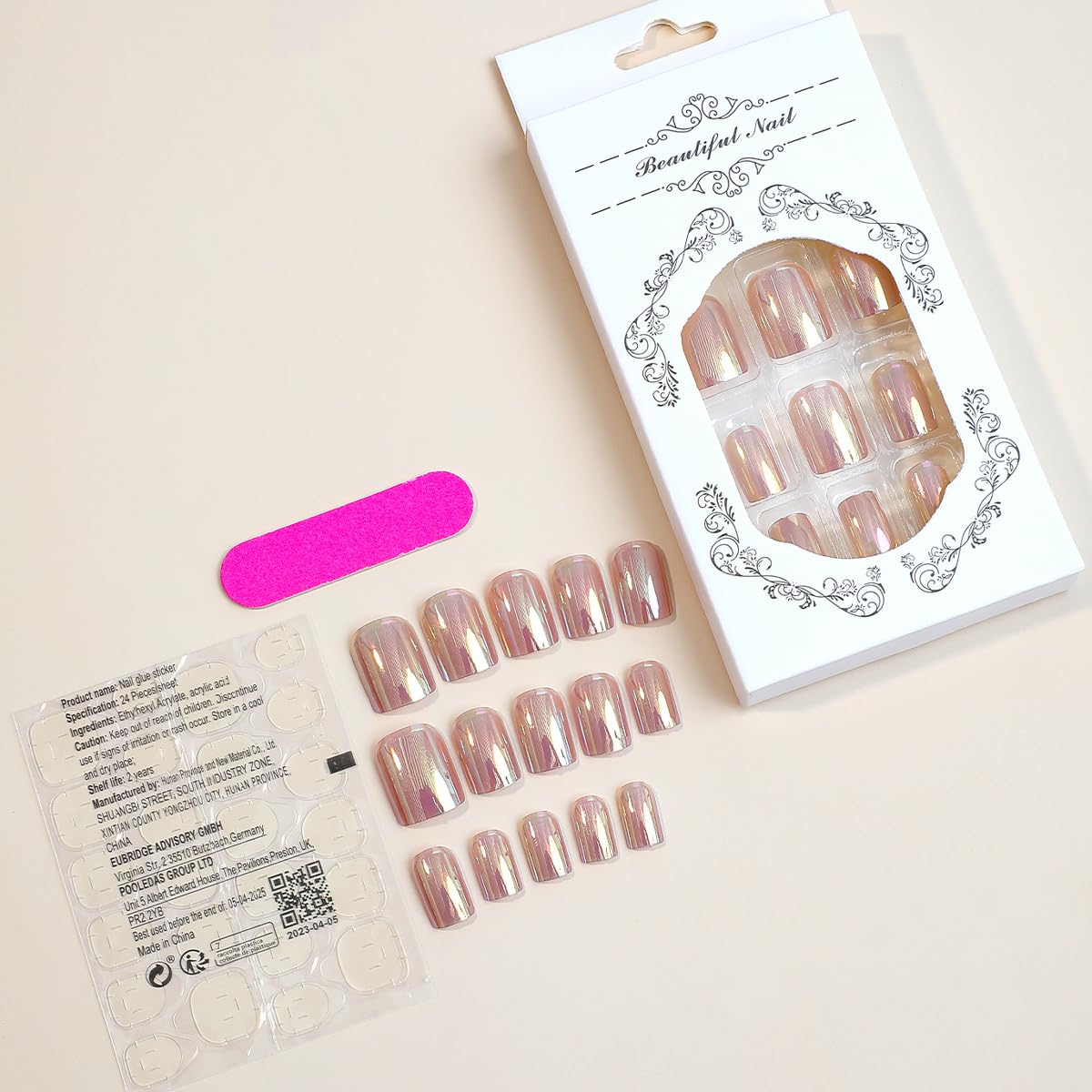 Rilafuvu Uñas postizas cortas a presión en polvo de perla, uñas postizas blancas, uñas acrílicas brillantes, uñas francesas de pegar, uñas postizas