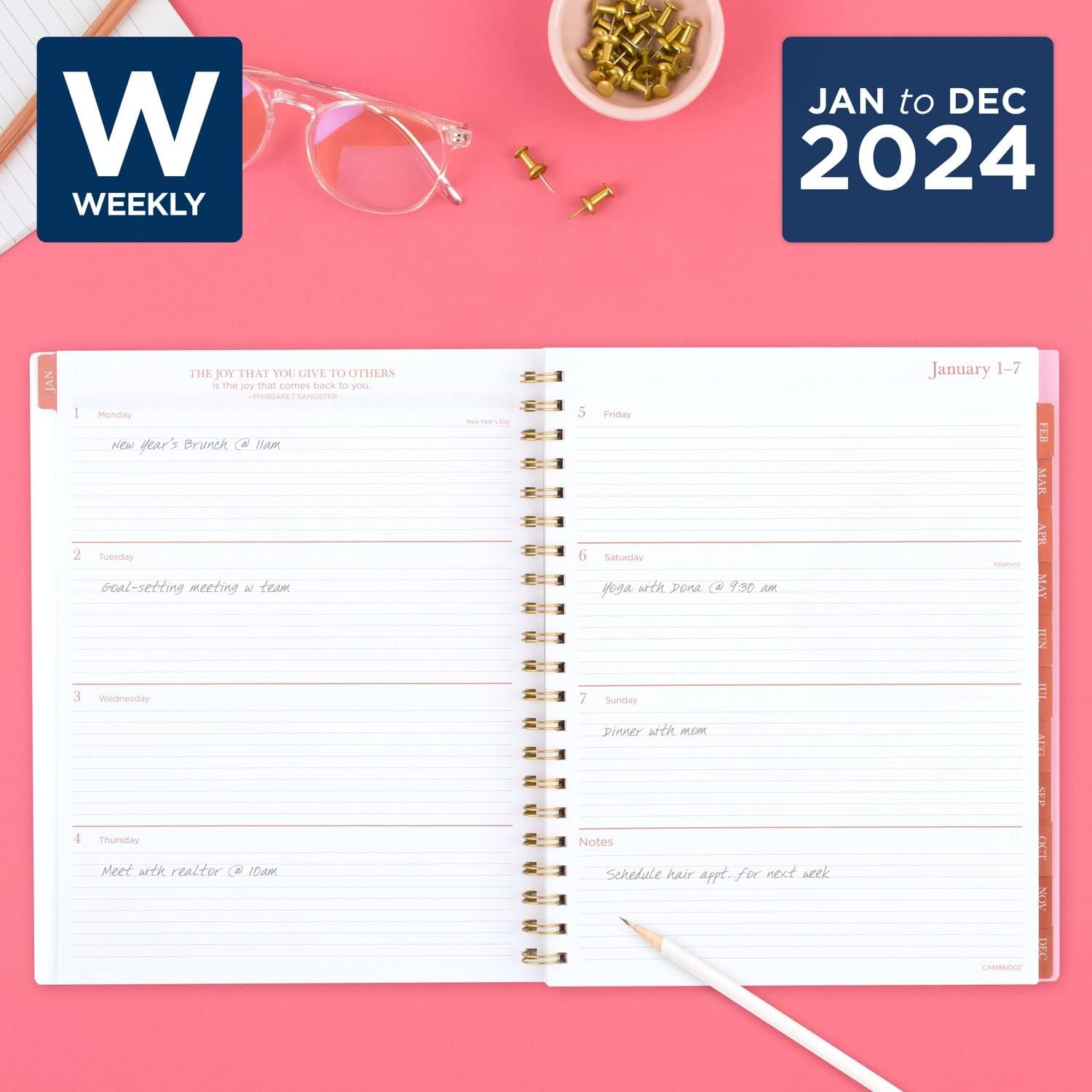 Cambridge Agenda semanal y mensual 2024, 8-12 x 11 pulgadas, grande, Cher (1676-905-24)