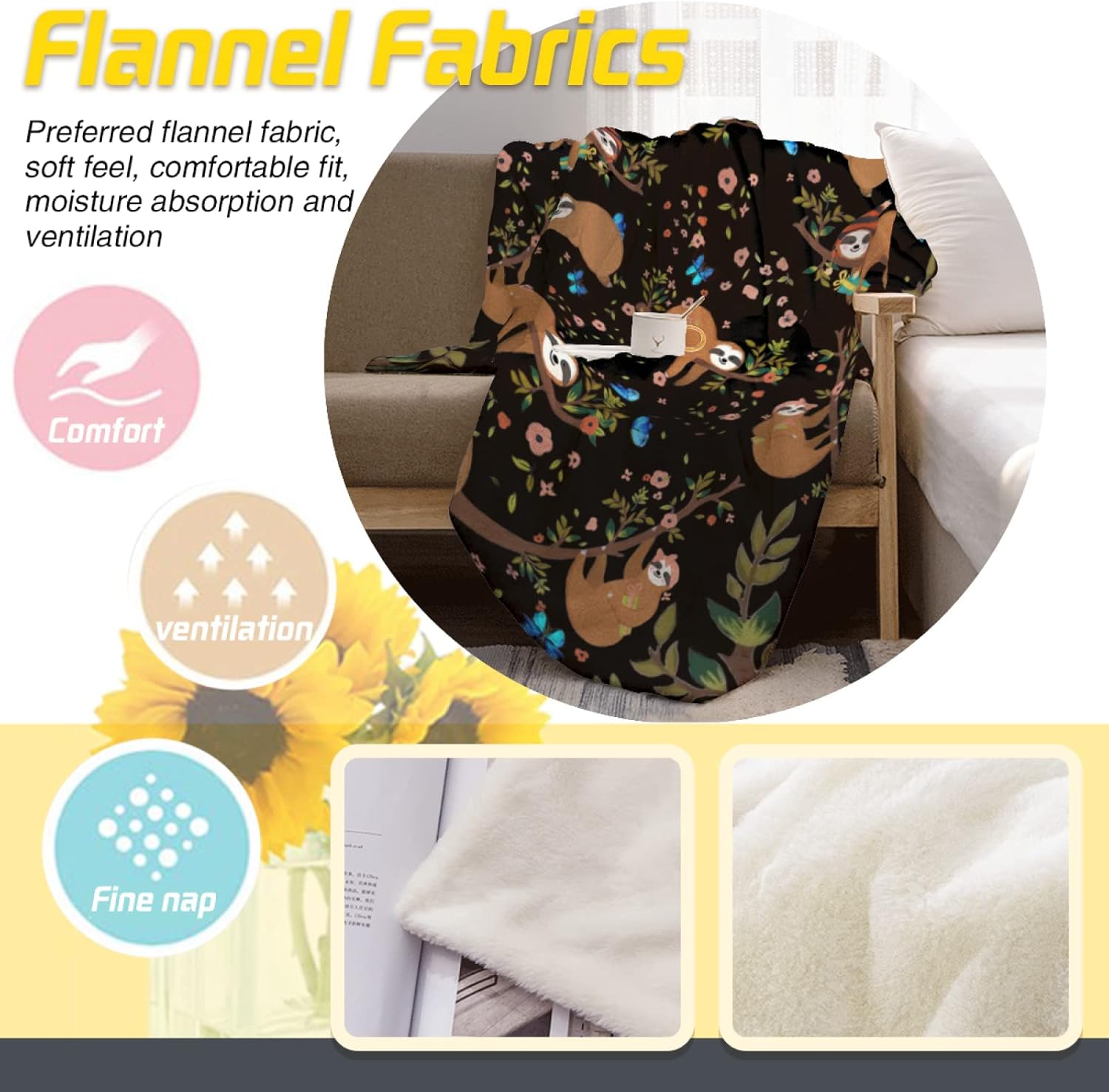 Manta de forro polar de perezoso para cama de 60 x 50 pulgadas, manta de franela de felpa ligera y súper suave para mujeres, hombres y niños