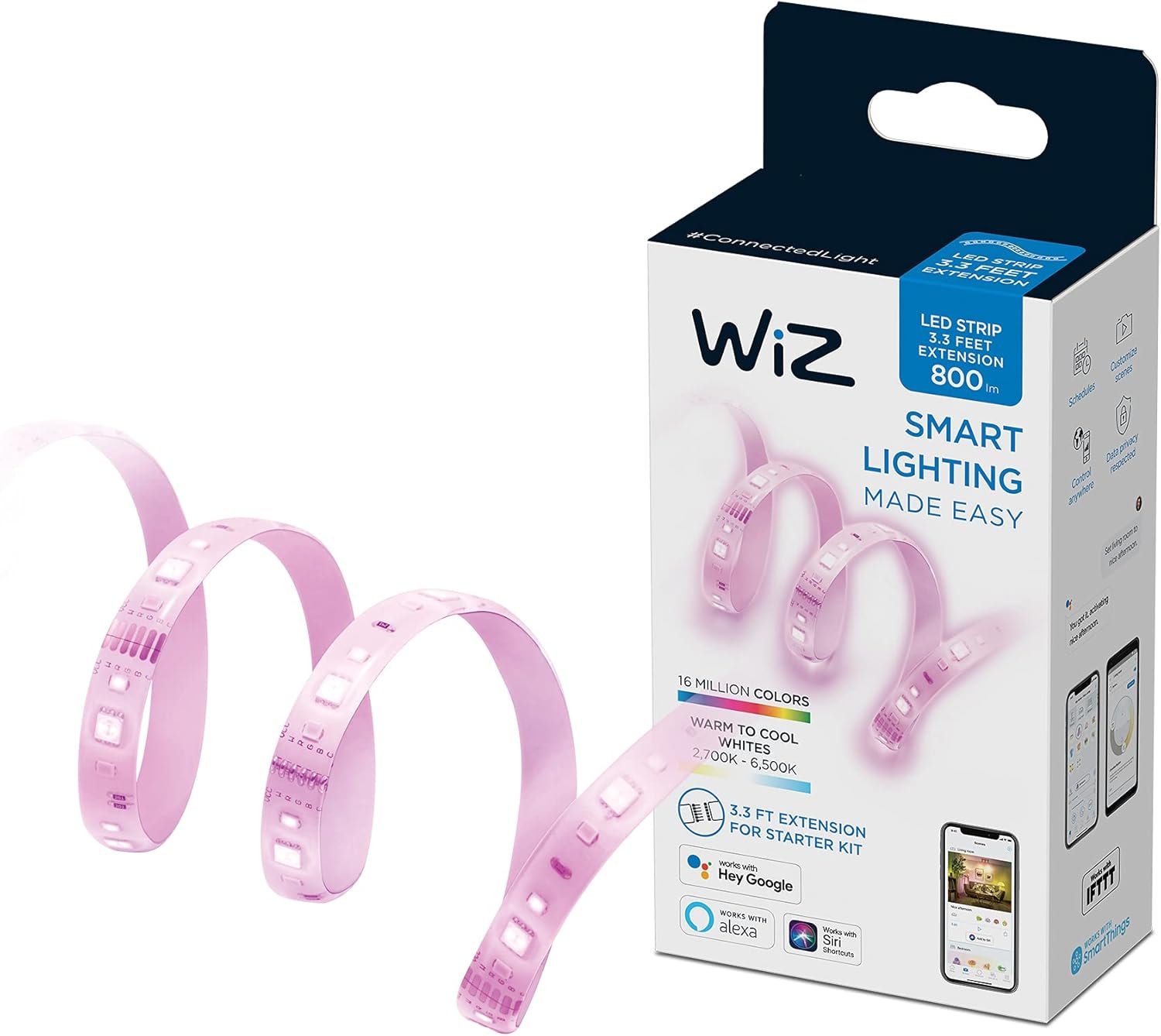 WiZ Connected WiZ – Extensión de tira de luz LED RGB de 3 pies que cambia de color, se conecta a tu Wi-Fi existente de 2.4 GHz, aplicación de