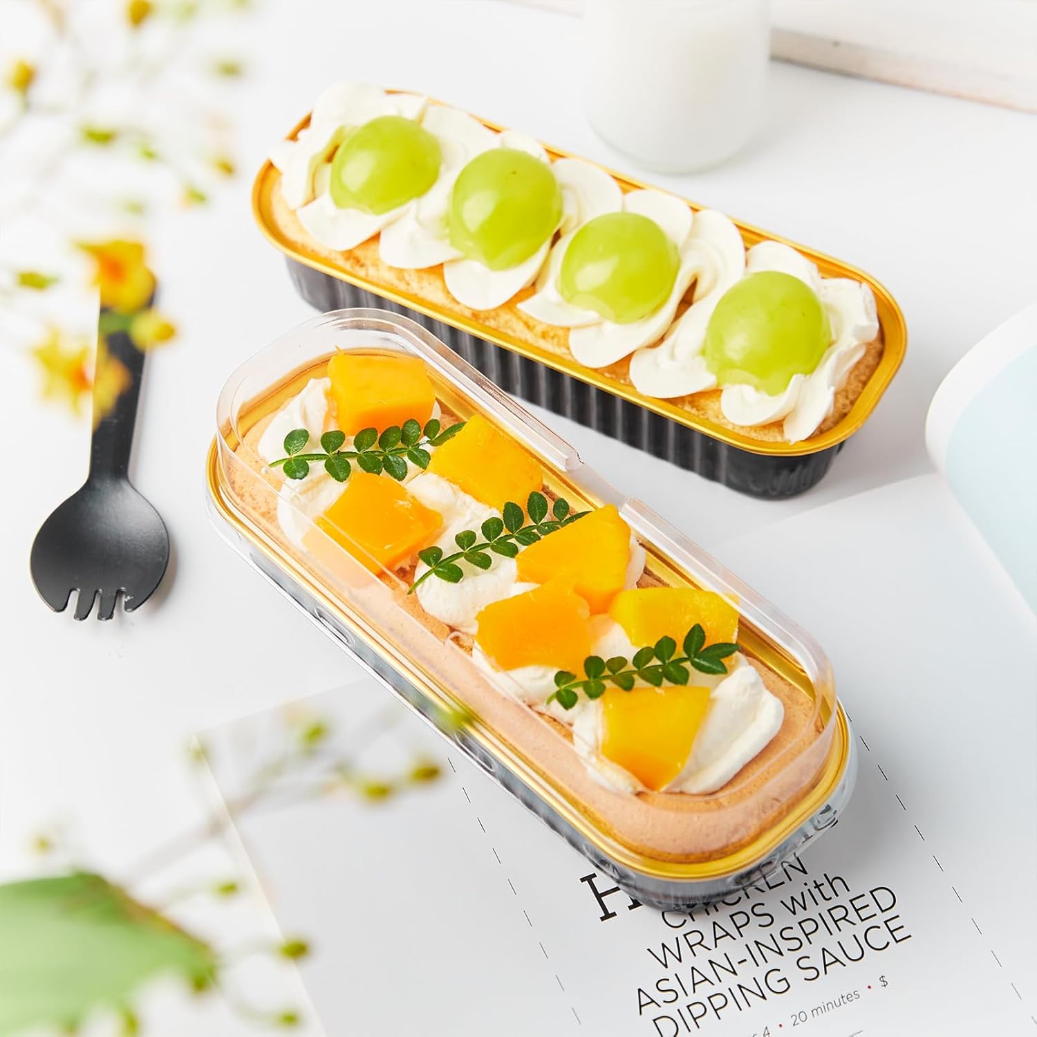 Mini moldes para pan de 6.8 onzas con tapas y tenedores, paquete de 50 recipientes rectangulares de papel de aluminio para hornear pasteles, moldes