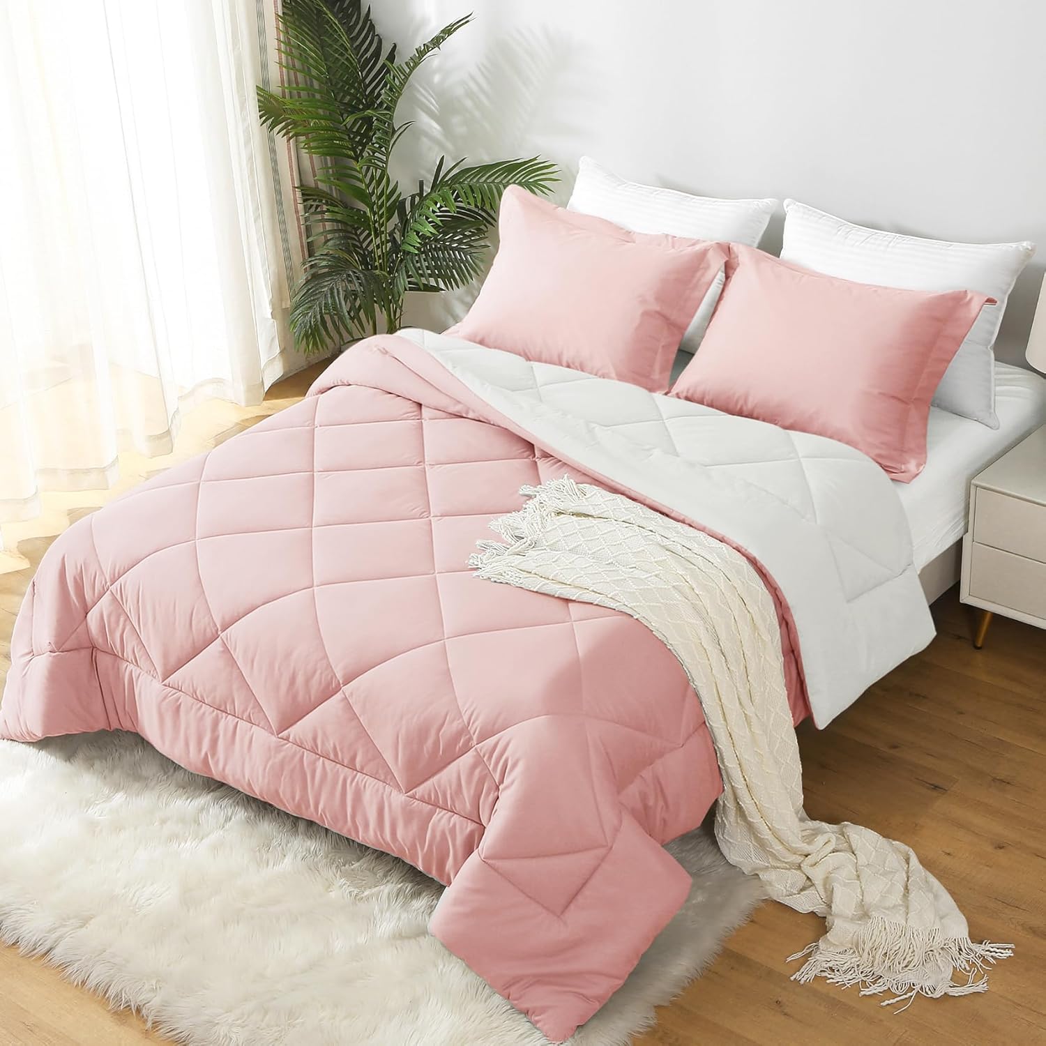 JOLLYVOGUE Juego de edredón tamaño Queen rosamarfil, juego de cama reversible en una bolsa para todas las estaciones, juego de cama de 3 piezas con