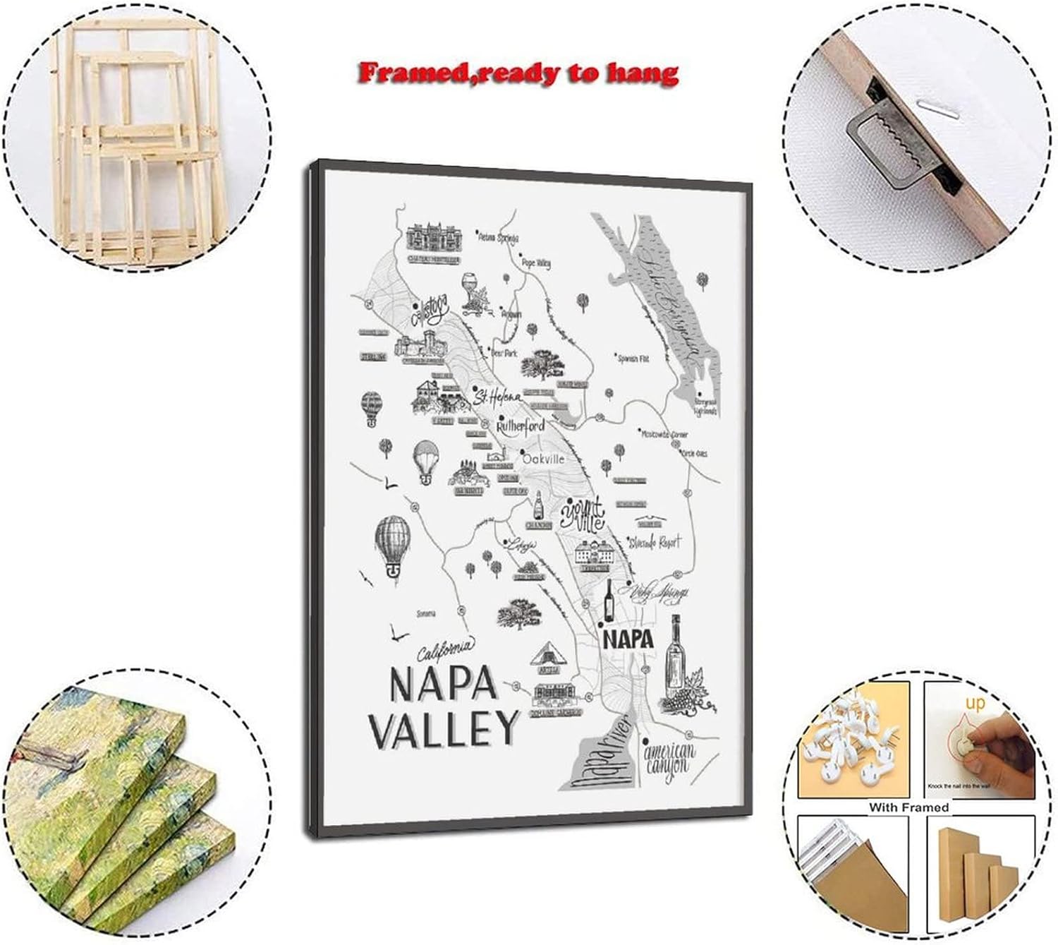 Napa Valley Map – Mapa de vinos, amantes del vino, mapa de cata de vinos, valle de Napa, mapa tipográfico, carteles de pintura en lienzo y pósteres
