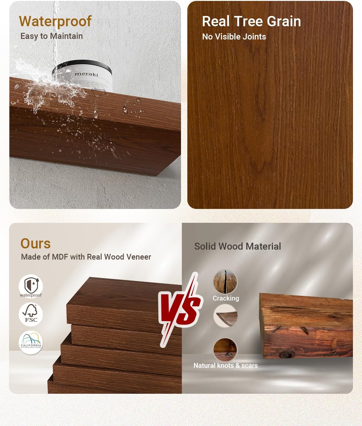 QueenFun Estantes flotantes para pared, estantes flotantes de madera más profundos y gruesos, 2 estantes de baño de 15 pulgadas para pared de