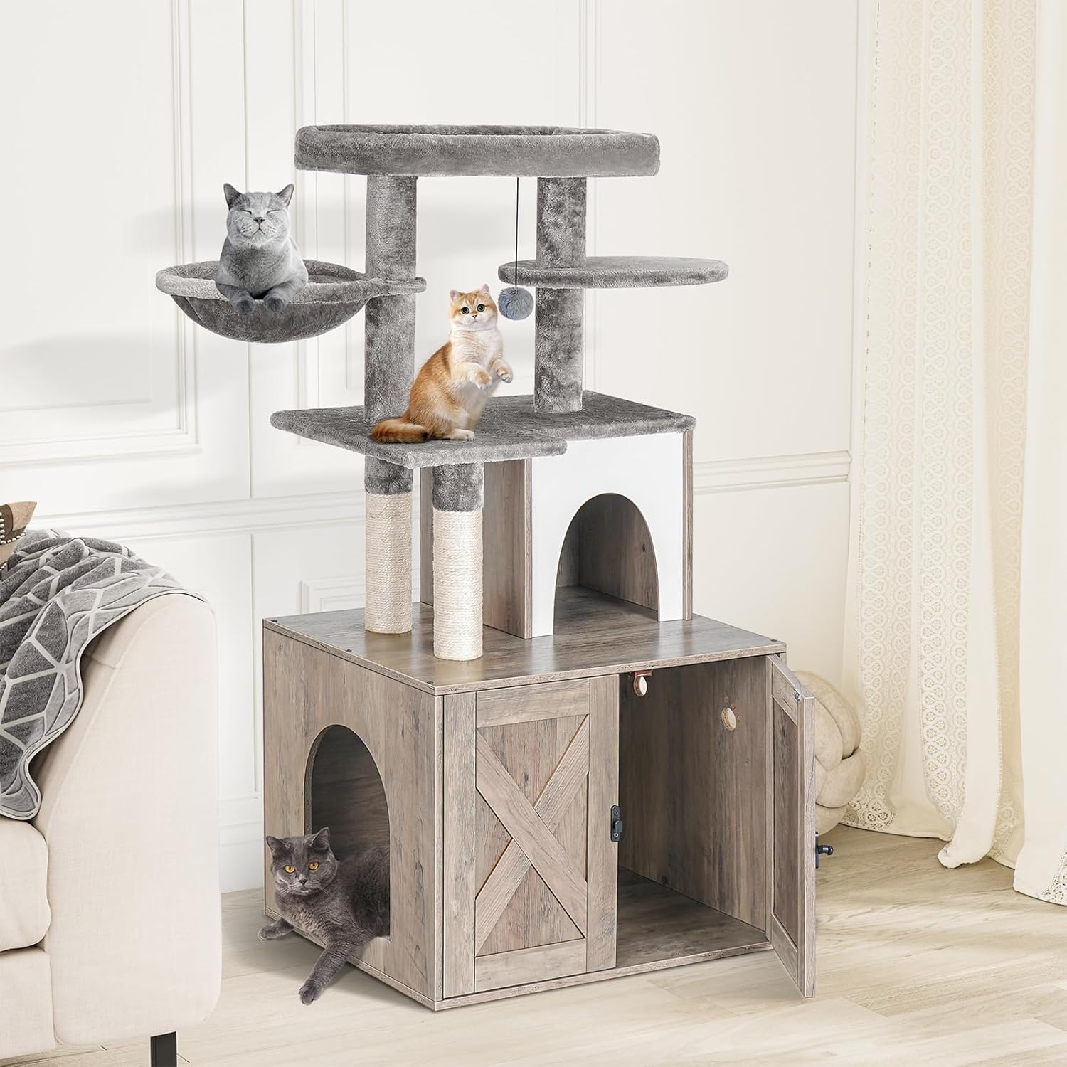 Snughome Caja de arena para gatos con torre de árbol para gatos y condominio, muebles ocultos para baño para gatos con poste rascador de sisal y