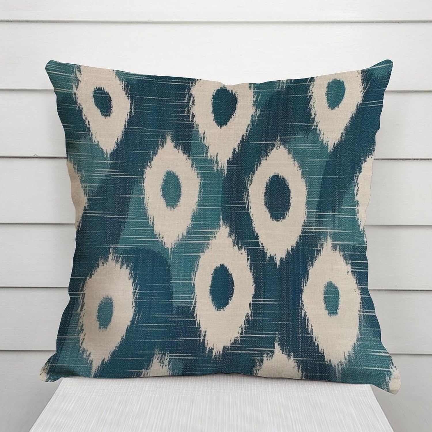 Funda de almohada estilo europeo Ikat azul índigo crema estilo chinoiserie, funda de cojín asiática de 18 x 18 pulgadas, funda de almohada