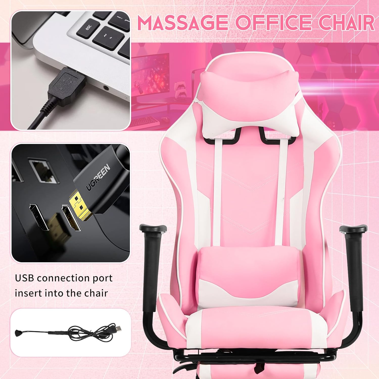 BLKMTY Silla ergonómica de masaje para videojuegos, silla de oficina de carreras, silla de computadora de piel sintética, silla de jugador con