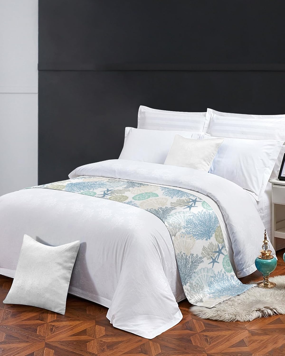 Caminos de cama azul y verde azulado coral para cama tamaño Queen, mantas de cama para pie de cama, playa de verano, estrellas de mar, costero,