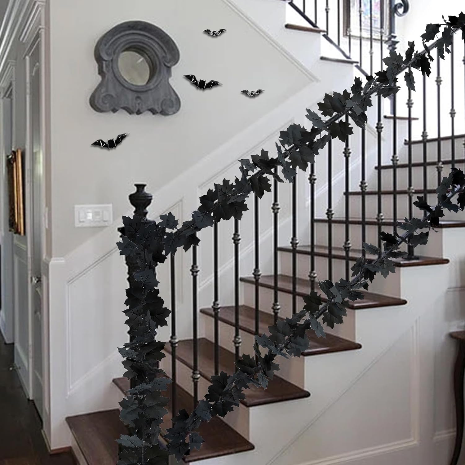Decoraciones de Halloween, 5 unidades, guirnalda de hojas de arce negro, guirnalda de hojas negras, guirnalda de Halloween para manto, puerta