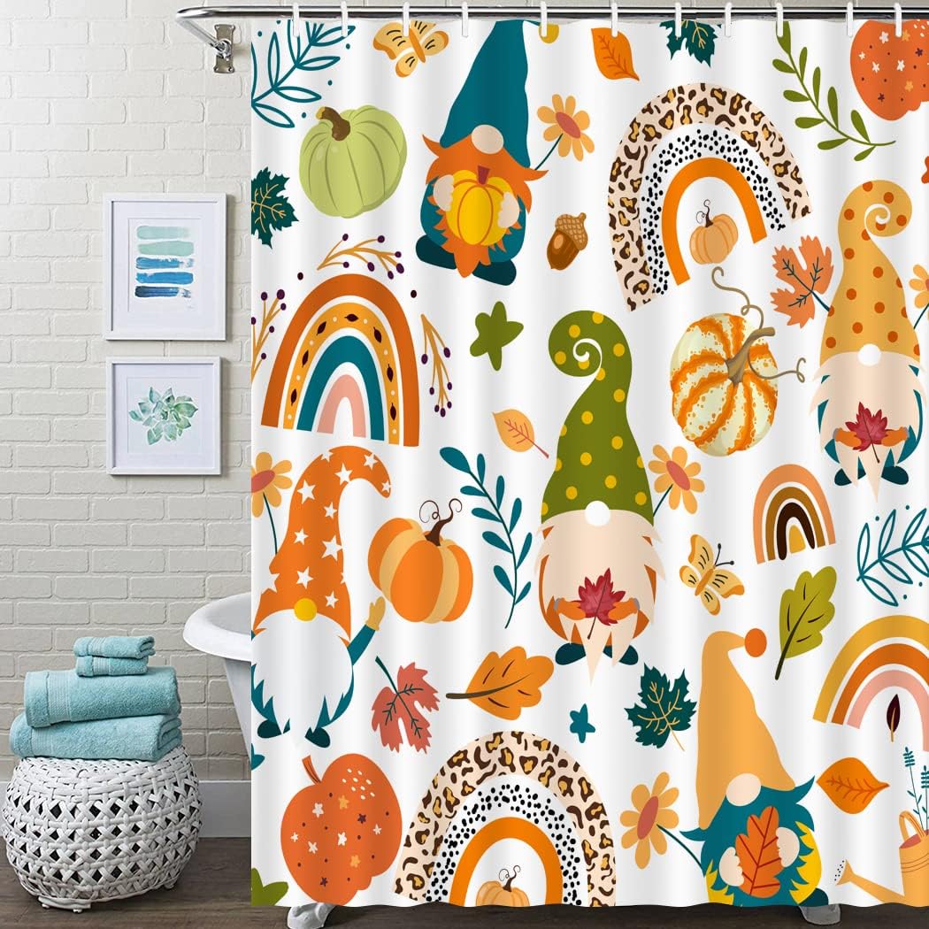 Juirnost Cortina de ducha de gnomo de calabaza otoñal, cortina de ducha para el día de Acción de Gracias, decoración de bañeras de baño, decoración
