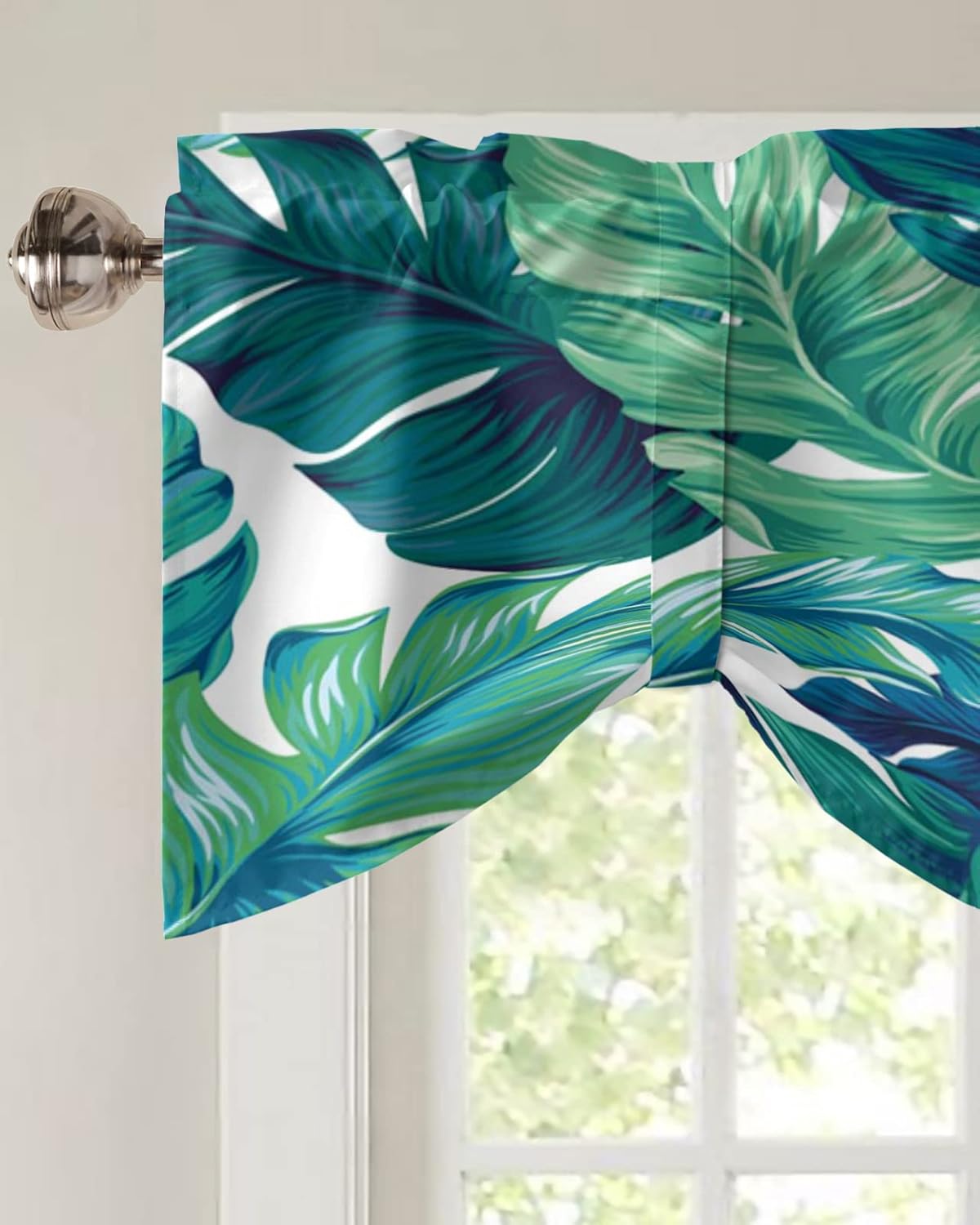 Cortina de cenefa con amarre para cocina, hojas de plátano verde turquesa, hojas de palmera tropical, cenefas pequeñas con bolsillo para barra,