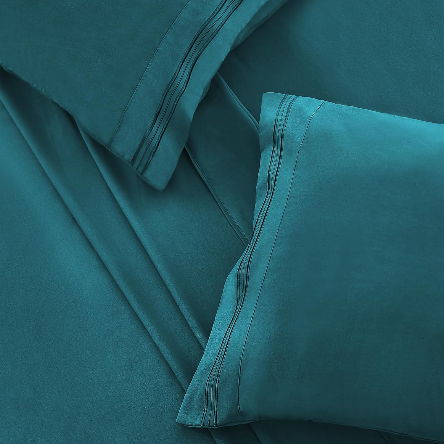 Juego de sábanas de tamaño matrimonial color verde azulado, juego de sábanas bajeras y fundas de almohada, 4 piezas de microfibra suave y