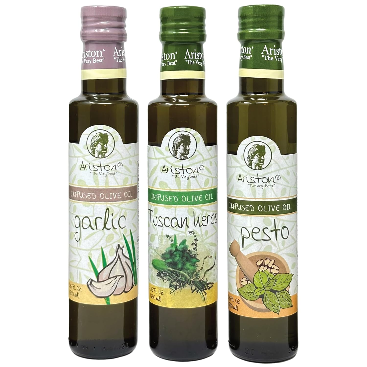 Ariston Specialties – Juego de aceite de oliva infundido con (1) aceite de oliva con infusión de ajo de 8.45 onzas, (1) aceite de oliva con sabor a