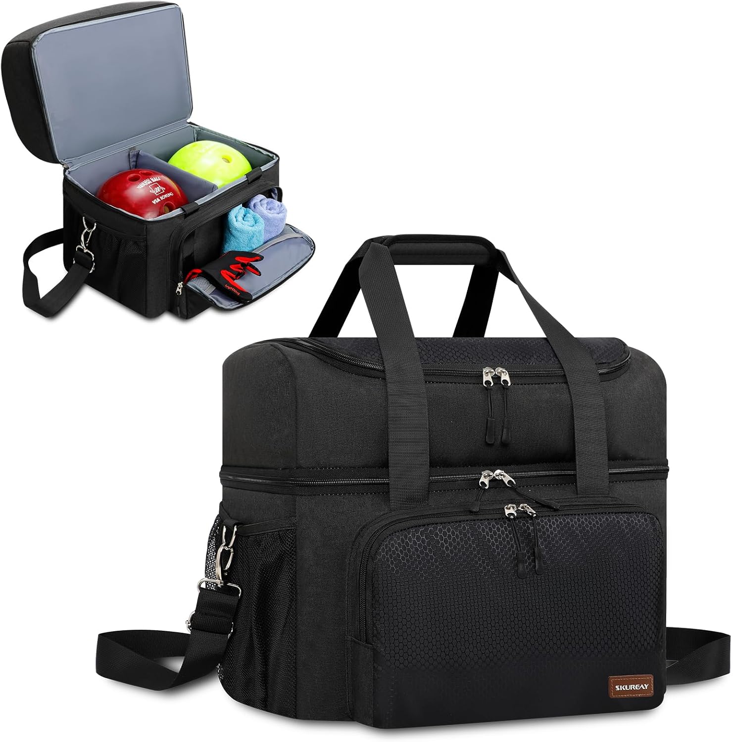 Bowling Ball Bags for SingleTwo Ball, Easy Carry Bowling Ball Tote Bags with Wooden Bowling Holder and Extra Storage Pockets – Holds OneTwo Bowling