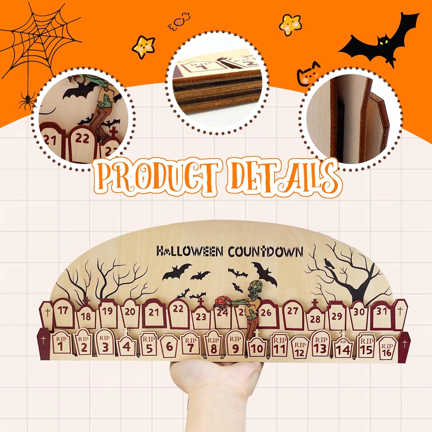 AOCEAN Calendario de Adviento de Halloween 2023 con bloques móviles de madera, calendario de cuenta regresiva para divertidas decoraciones de