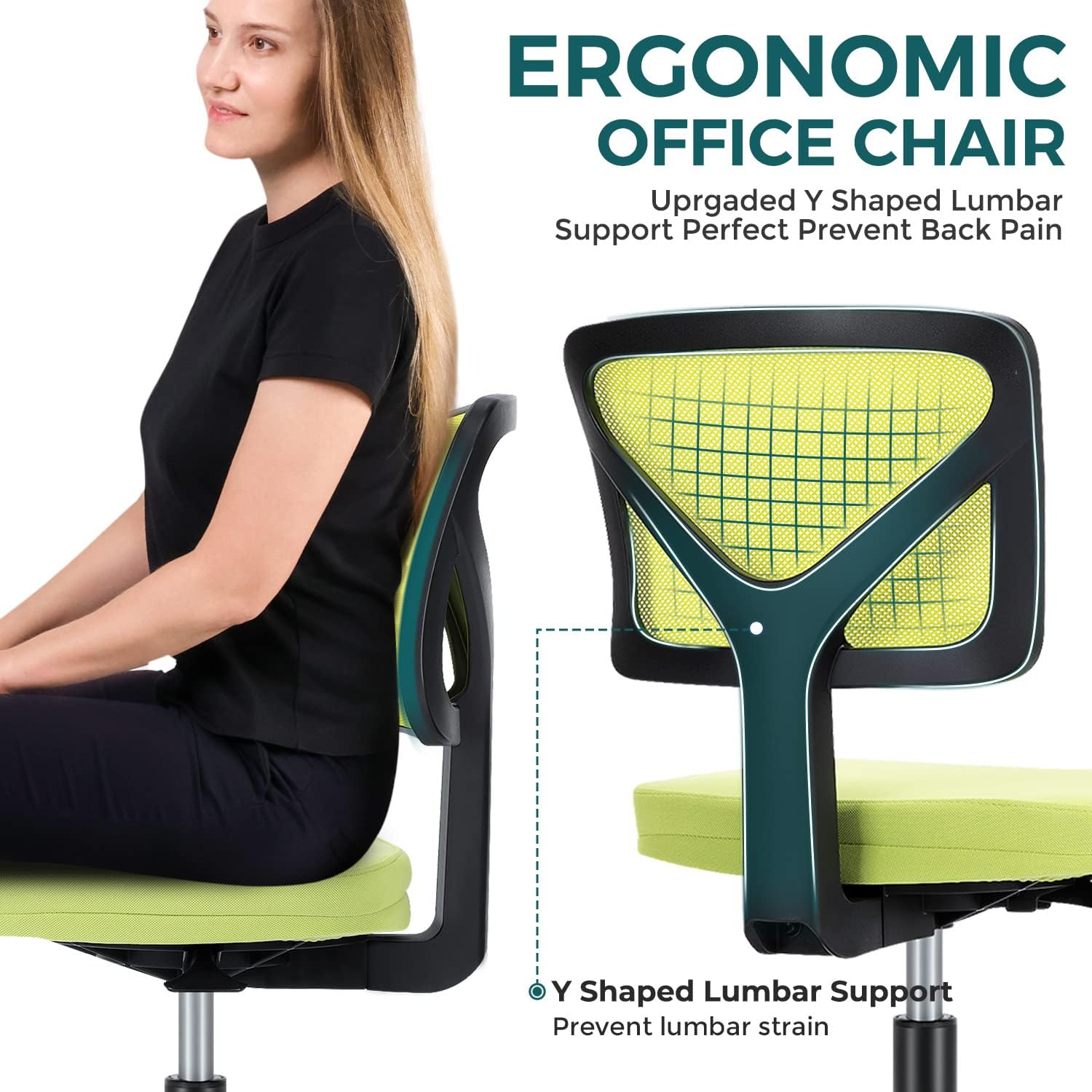 DUMOS Sillas de escritorio sin brazos con ruedas, bonita silla de oficina en casa, sin brazos, ergonómica ajustable giratoria, silla de trabajo con