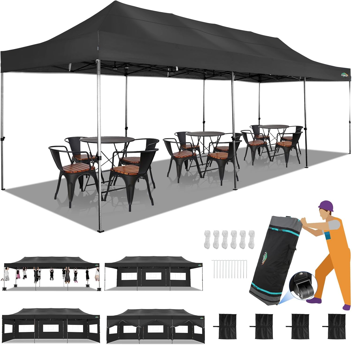 COBIZI Toldo desplegable resistente de 10 x 30 pies con 8 paredes laterales, tiendas de campaña para bodas al aire libre para fiestas, toldo
