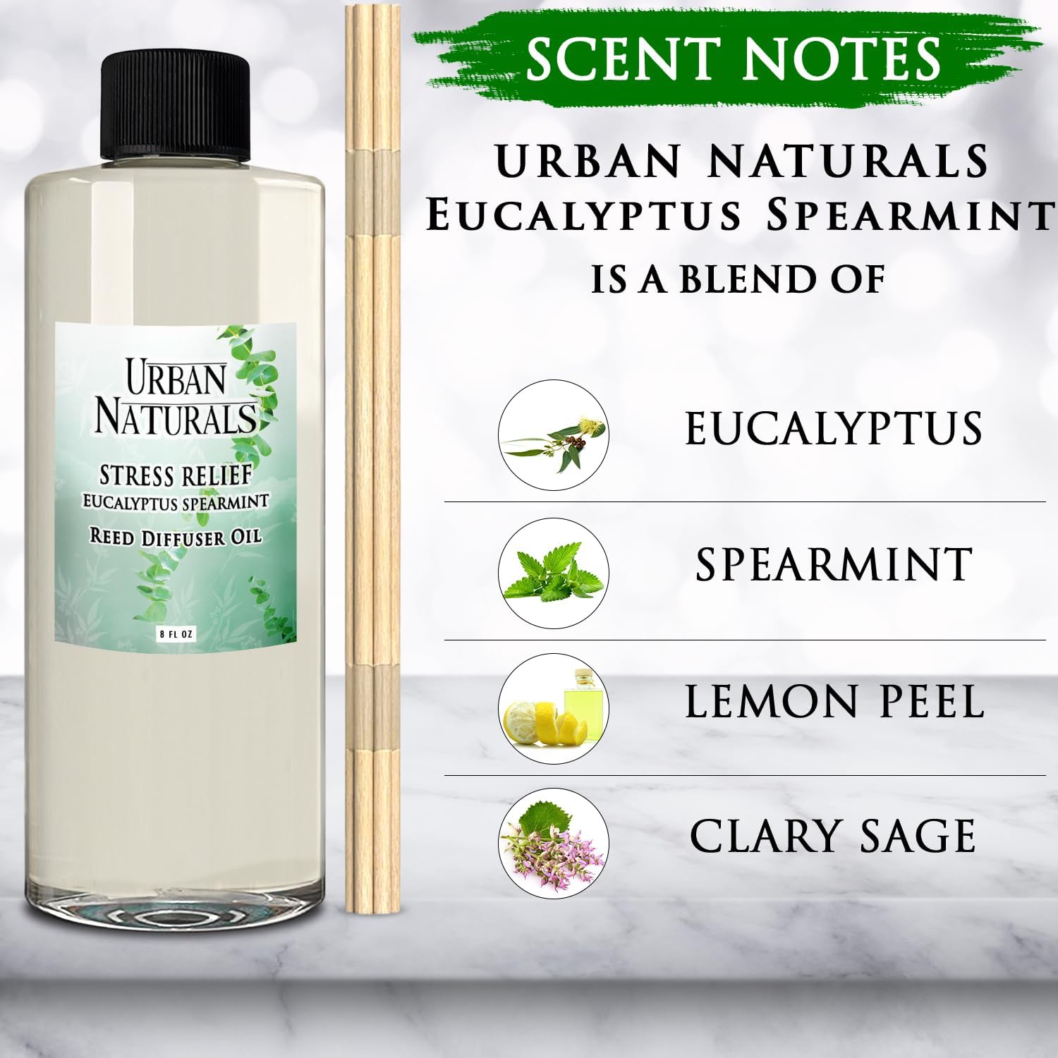 Urban Naturals Recambio de difusor de varillas de aceite esencial de eucalipto de menta verde para aliviar el estrés, tamaño grande de 8 onzas,