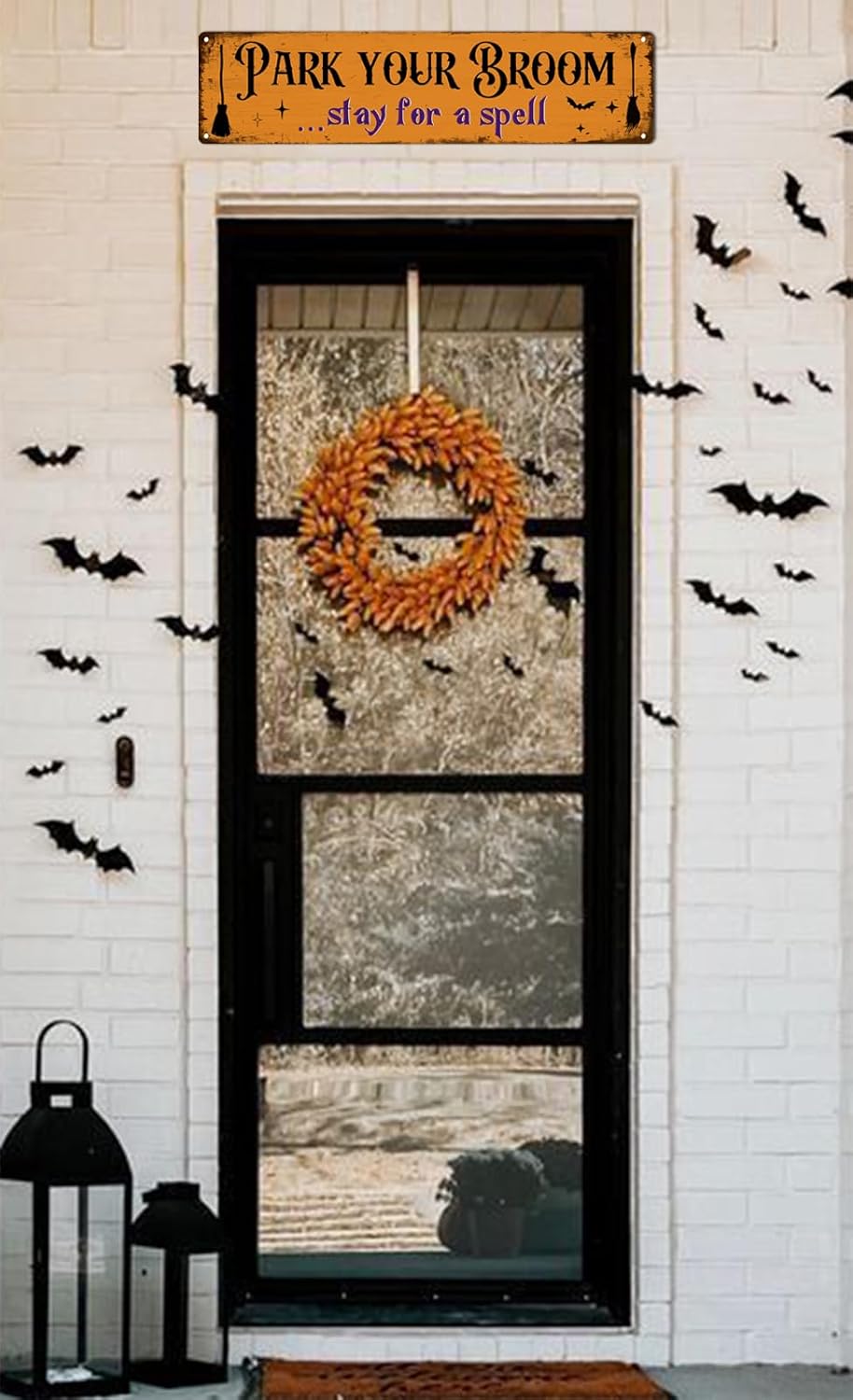 Letrero de metal con texto en inglés Park Your Broom con texto en inglés Stay for a Spell (Stay for a Spell) para cocina, hogar, Halloween, pared,