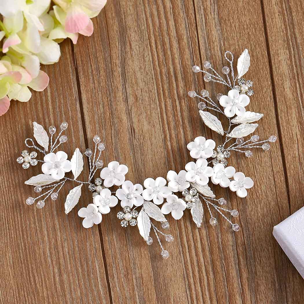 Easedaily Tocado de novia de flores para boda, vid de hoja de plata, tocados de novia con diamantes de imitación, accesorios para el cabello para