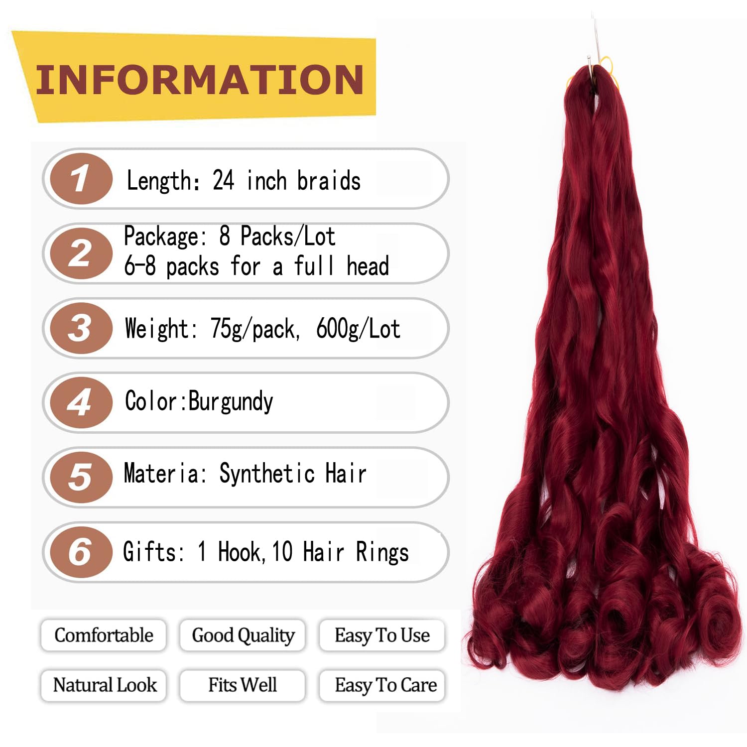 8 paquetes de cabello rizado francés trenzado de 24 pulgadas, ondulado, suelto, espiral, rizado, de ganchillo para mujeres negras, cabello trenzado
