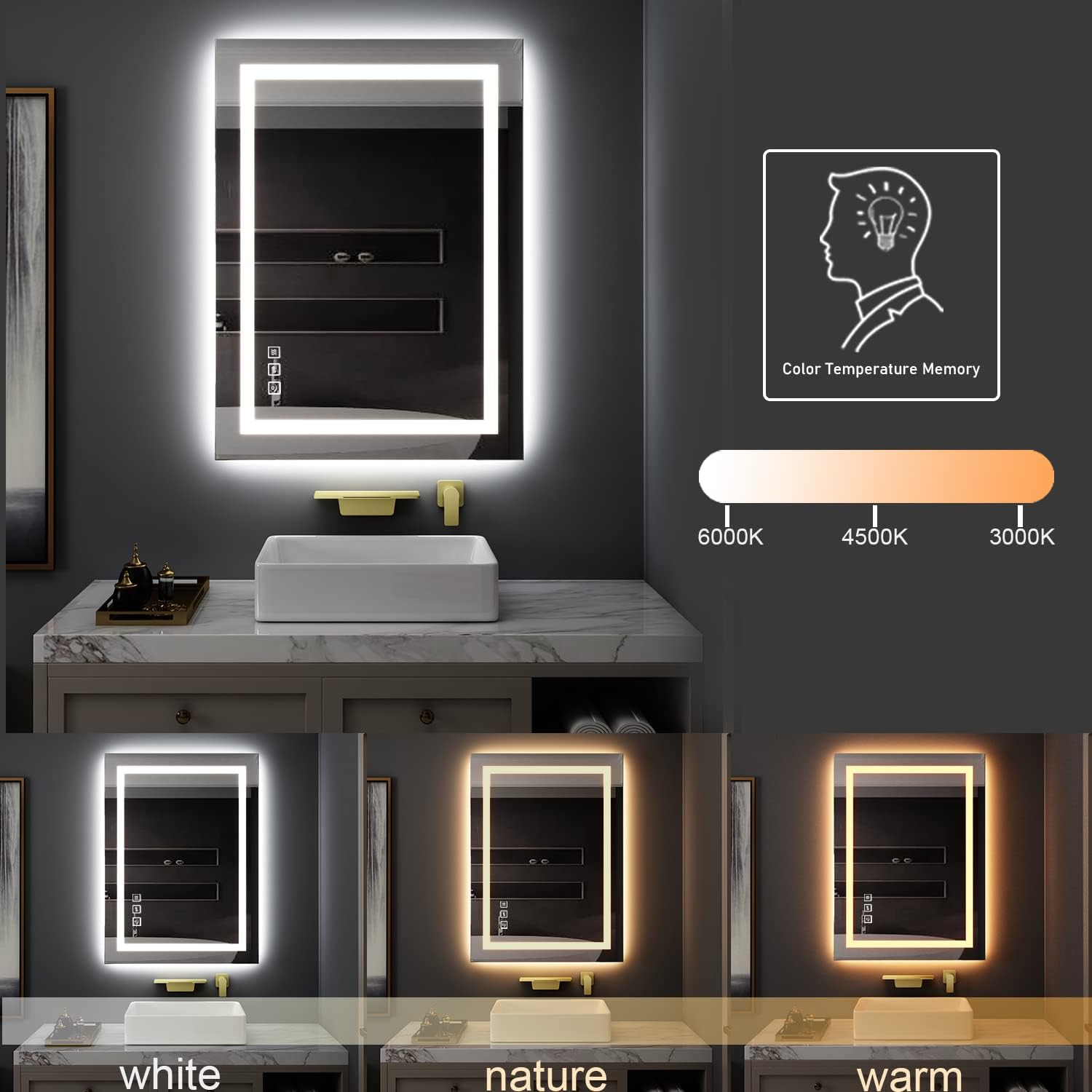 Espejo de baño LED de 40 x 24 pulgadas, espejo de tocador regulable, espejos de pared con 3 colores, antivaho, a prueba de roturas, memoria