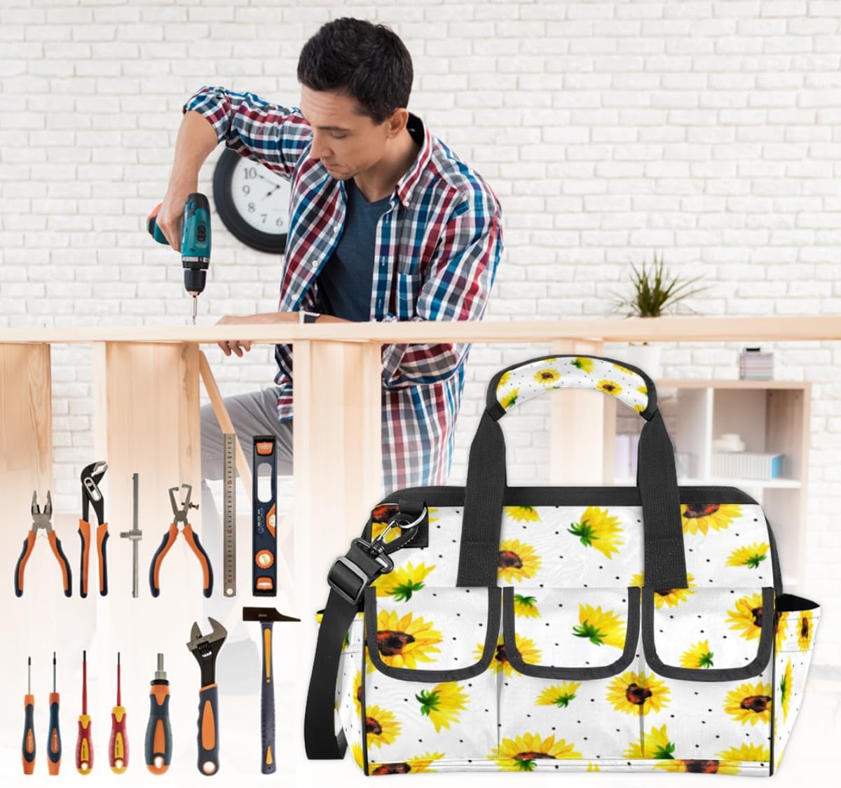 Bolsa de herramientas con patrón de girasol para mujer, organizador de bolsa de herramientas con bolsillos para correa de hombro, duradera, para