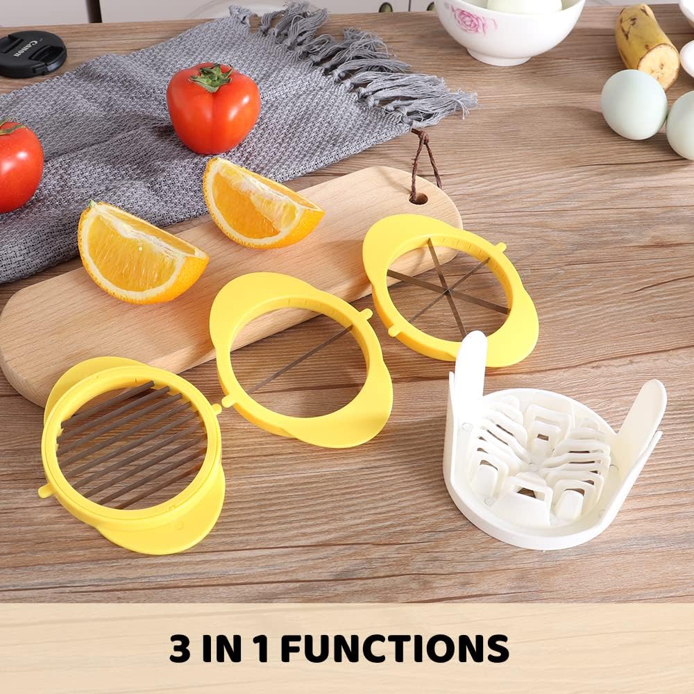 Cortador de huevos 3 en 1 con cuchillas de metal para huevos duros y frutas suaves, cortador de huevos duros duros de acero inoxidable, cortador de