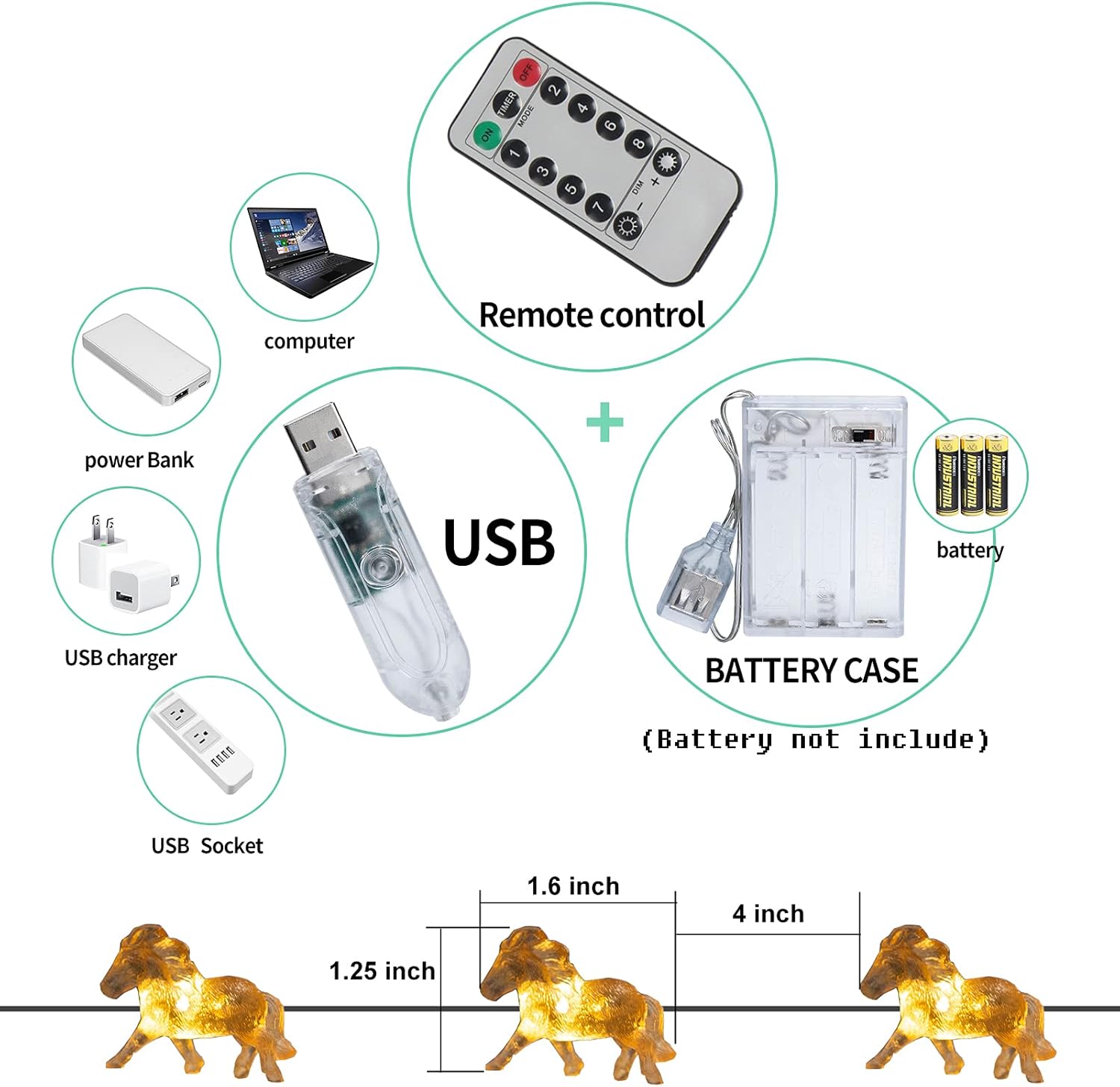 Guirnalda de luces de animales de caballo, decoración temática de poni vaquero, luz 3D de 10 pies, 24 LED con 8 modos de flash, control remoto para