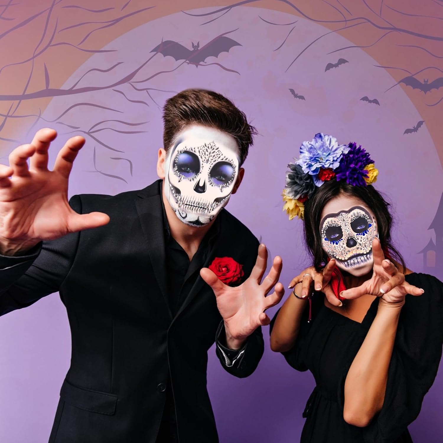 Calcomanías de joyas de Halloween para la cara, decoraciones de gemas de cara de Halloween, tatuajes temporales de calavera del día de los muertos,