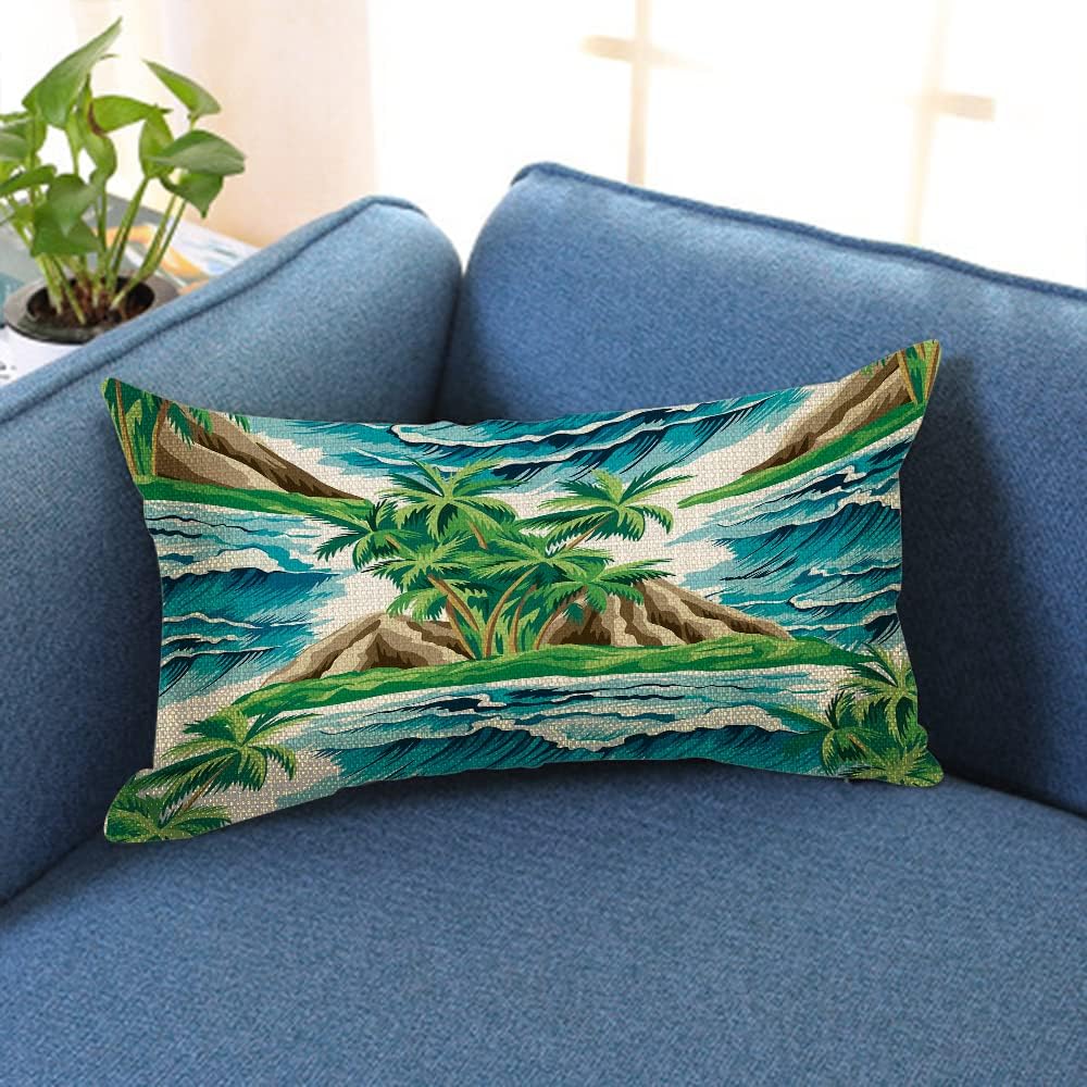 IBILIU Fundas de almohada decorativas hawaianas vintage, isla, palmera, olas del mar, verano, floral, algodón, lino, fundas de almohada lumbares