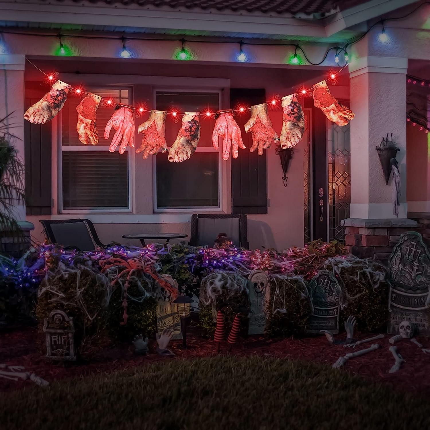 Luces LED rojas de Halloween con manos y pies sangrientos, decoración de tarjetas de cartel colgantes de 9.8 pies, 30 luces LED rojas, 2 modos de