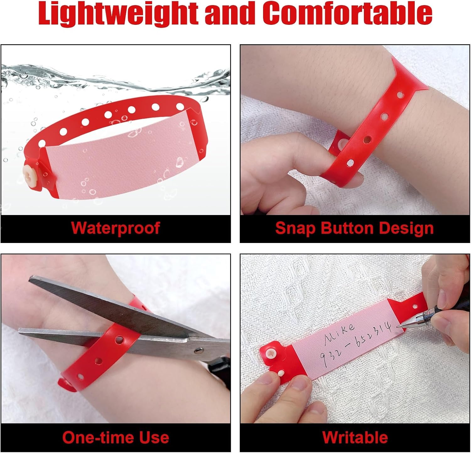 100 pulseras de vinilo para identificación de hospital, pulsera médica ajustable impermeable, pulsera desechable para hospital (color rojo)