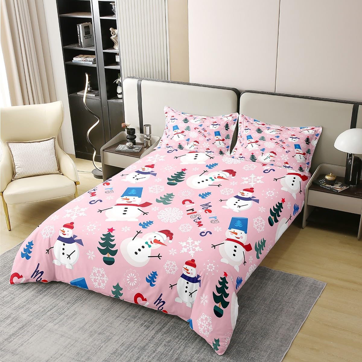 Erosebridal Funda de edredón rosa de Navidad 100% algodón para niños, adolescentes y adultos, juego de ropa de cama de dibujos animados, muñeco de