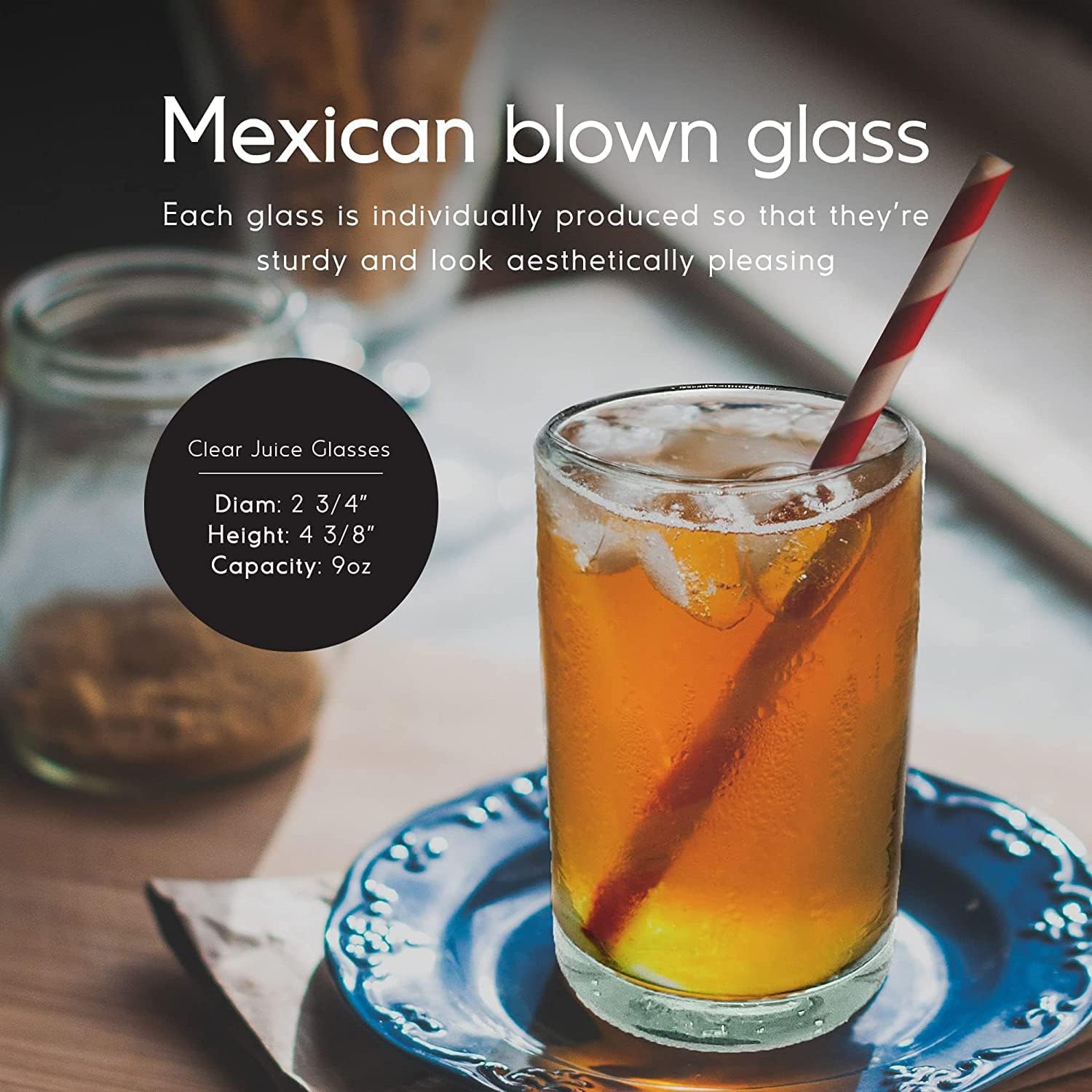 Clear Blown – Juego de 6 vasos de jugo de 9 onzas, cristalería mexicana hecha a mano, vidrio reciclado, sin plomo ni toxinas (jugo)