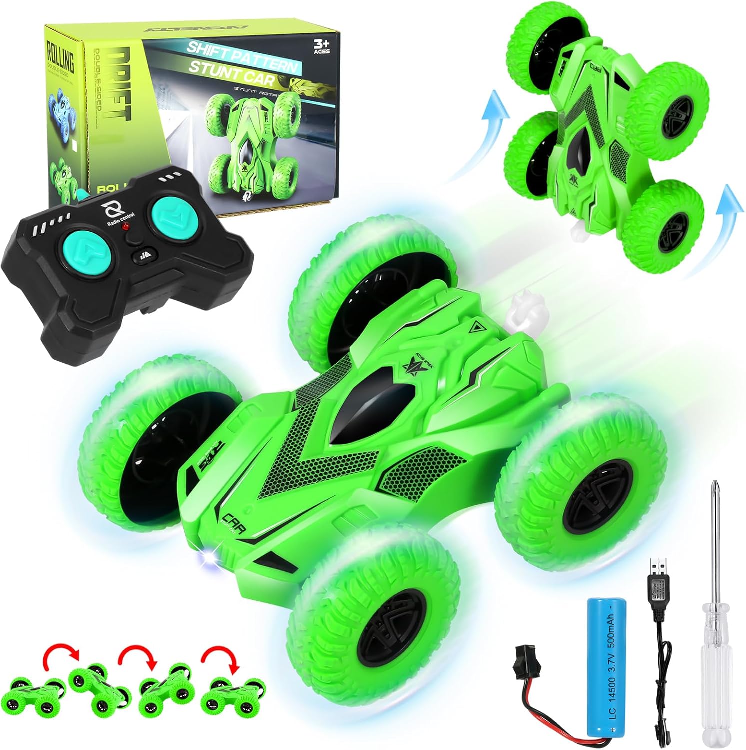 Autos de acrobacias a control remoto para niños de 6 años de edad, juguetes RC con luces 4WD 4WD 2.4Ghz de doble cara giratoria de 360 RC camión
