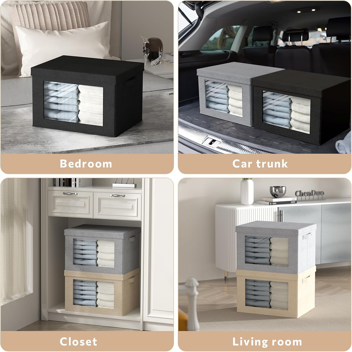 Contenedores de almacenamiento con tapas, cajas de almacenamiento de tela transparente para ventana, cestas de almacenamiento plegables con asas,