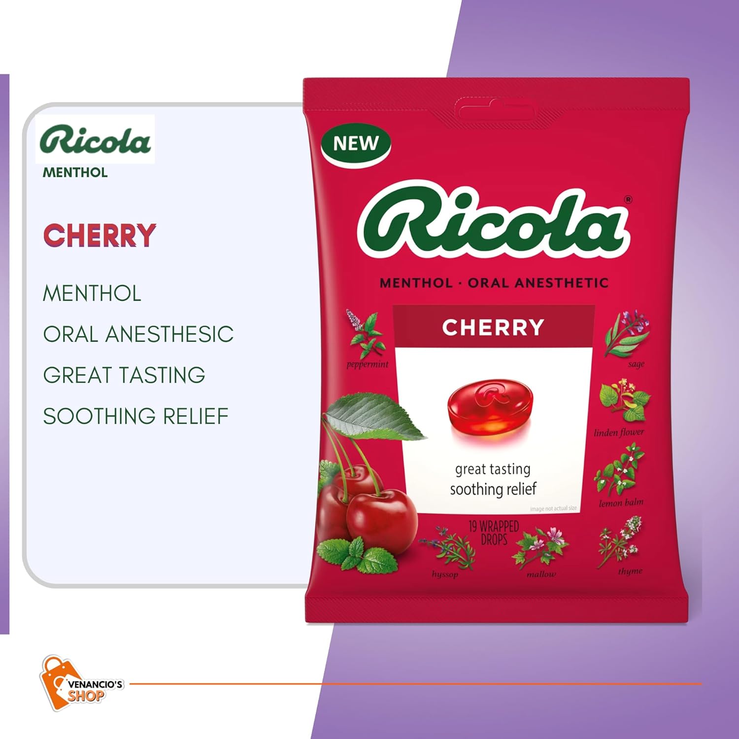 Ricola – Gotas para la tos, alivio calmante para el dolor de garganta seca, 19 unidades + incluye adhesivo Venancio’sBox (cerezo, paquete de 2)