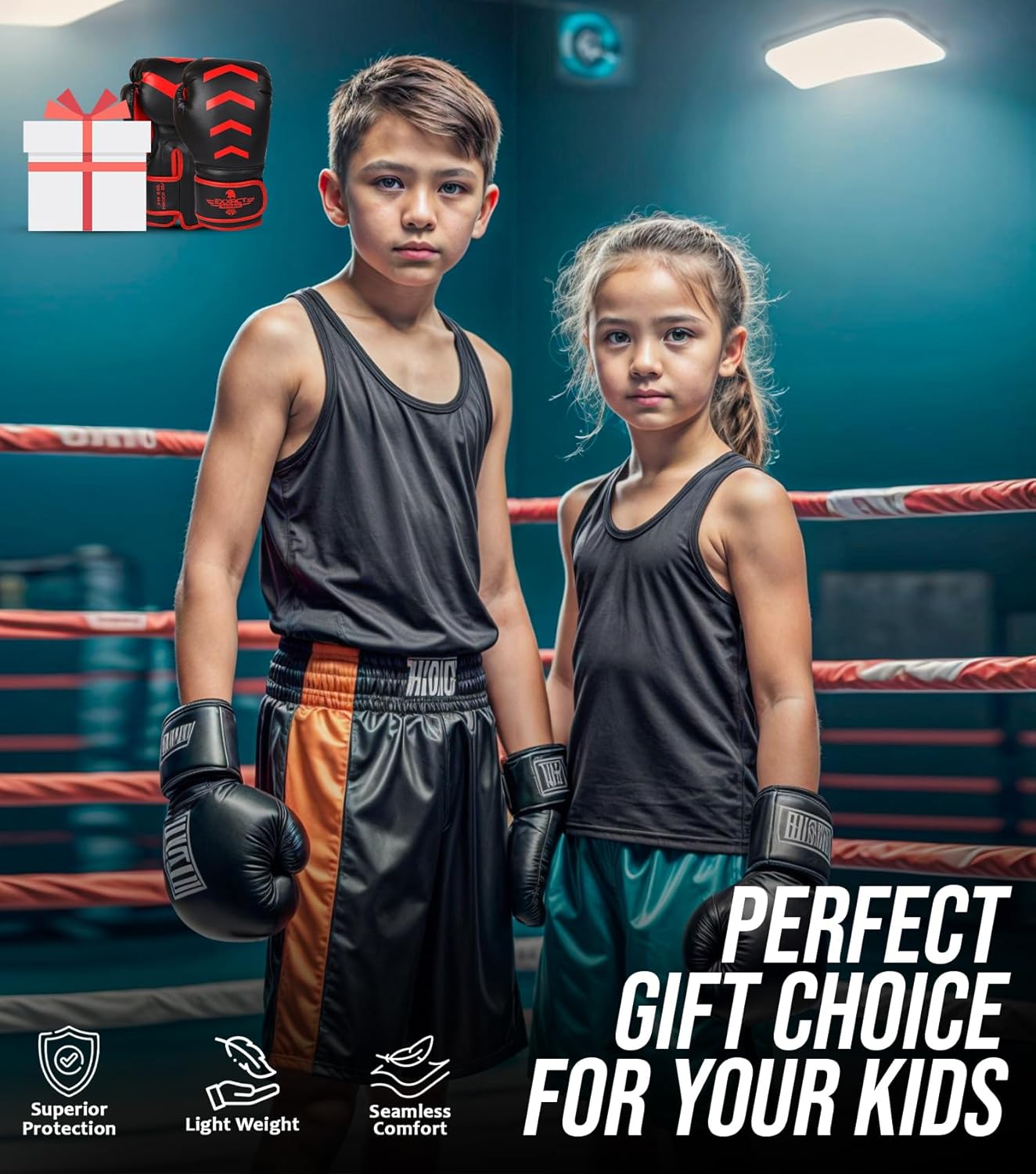 Exxact Sports Knockout – Guantes de boxeo juveniles para niños, guantes de boxeo de cuero duradero con protección acolchada para artes marciales