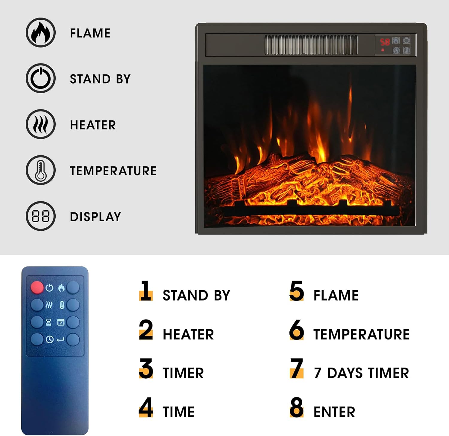 Inserto de chimenea eléctrica de 23 pulgadas, calentador de chimenea empotrado con bajo ruido, control remoto con temporizador, pantalla táctil,