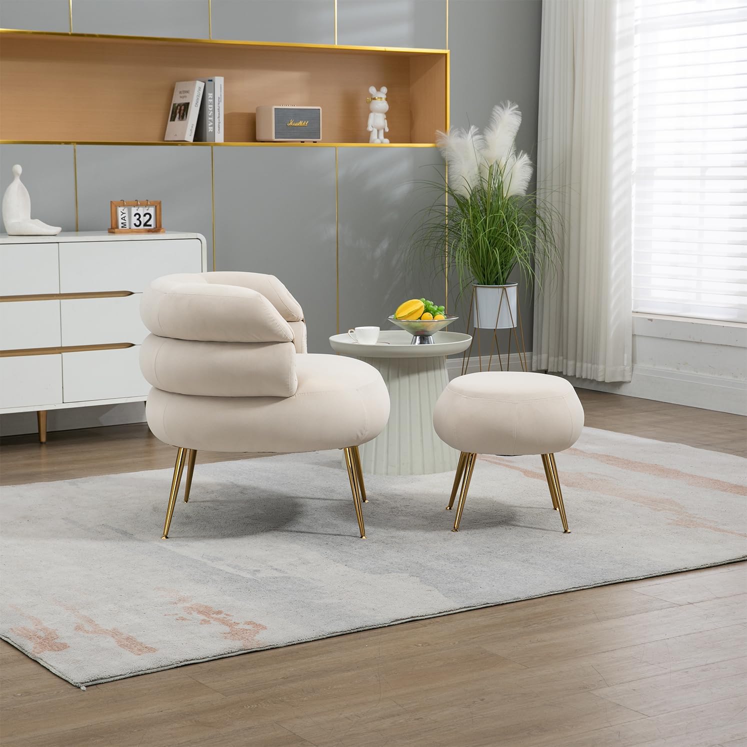 Silla decorativa de terciopelo con otomana, cómoda silla de barril tapizada, moderno sillón copetudo con respaldo único y patas de metal dorado para