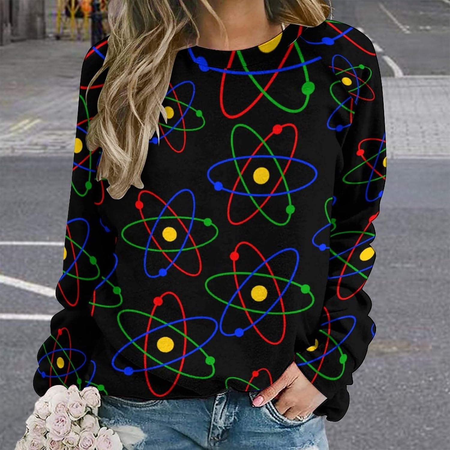 Science Atom Logo Women’s Graphic Long Sleeve Sweatshirt Casual Crewneck Pullover Relaxed Fit Tops