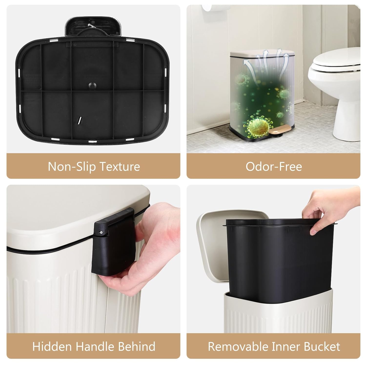 Triiter Cubo de basura rectangular de 3.5 galones con tapa de cierre suave, cubo de basura de acero inoxidable con cubo interior extraíble, papelera